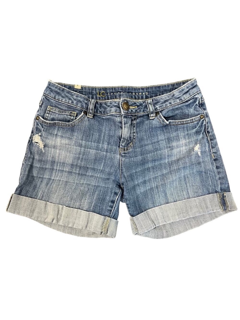 Lauren Conrad Women's Cuffed Jean Shorts Mid Rise Distressed Denim size 6  Blue